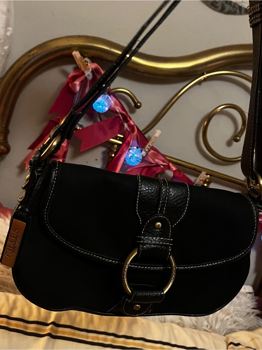 Chaps Black Shoulder Bag with Gold Ring Accent
